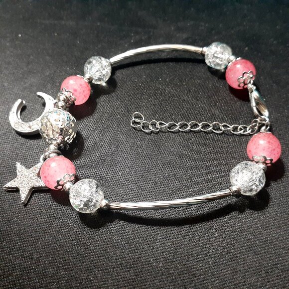 Bohemian Style Strawberry Quartz Moon and Star Charm Bracelet - Elegant & Sleek! - Picture 4 of 6